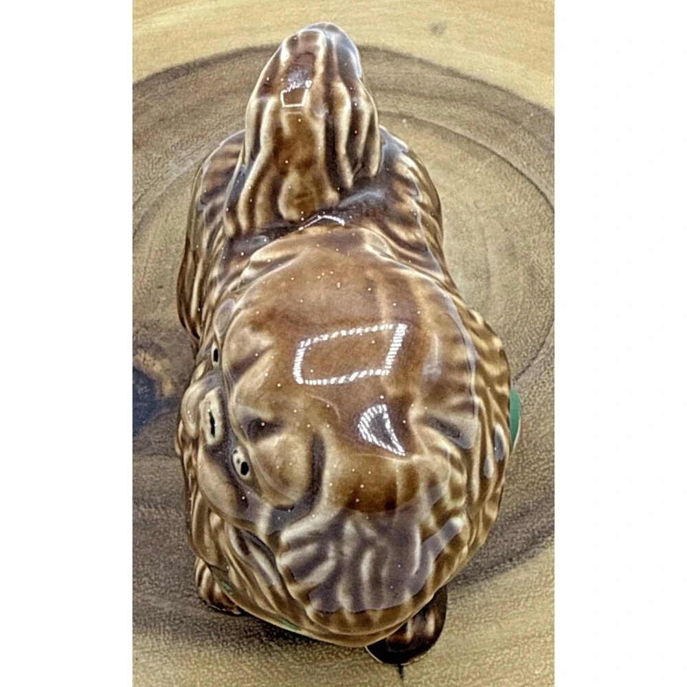 Vintage Porcelain Pekingese Figurine Pekingese Brown Dog W/Green Bow 3.5